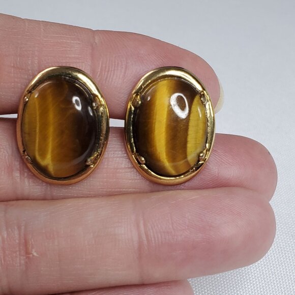 Vintage Gold-Tone Oval Tiger Eye Gemstone Cufflinks For Men - Picture 9 of 15